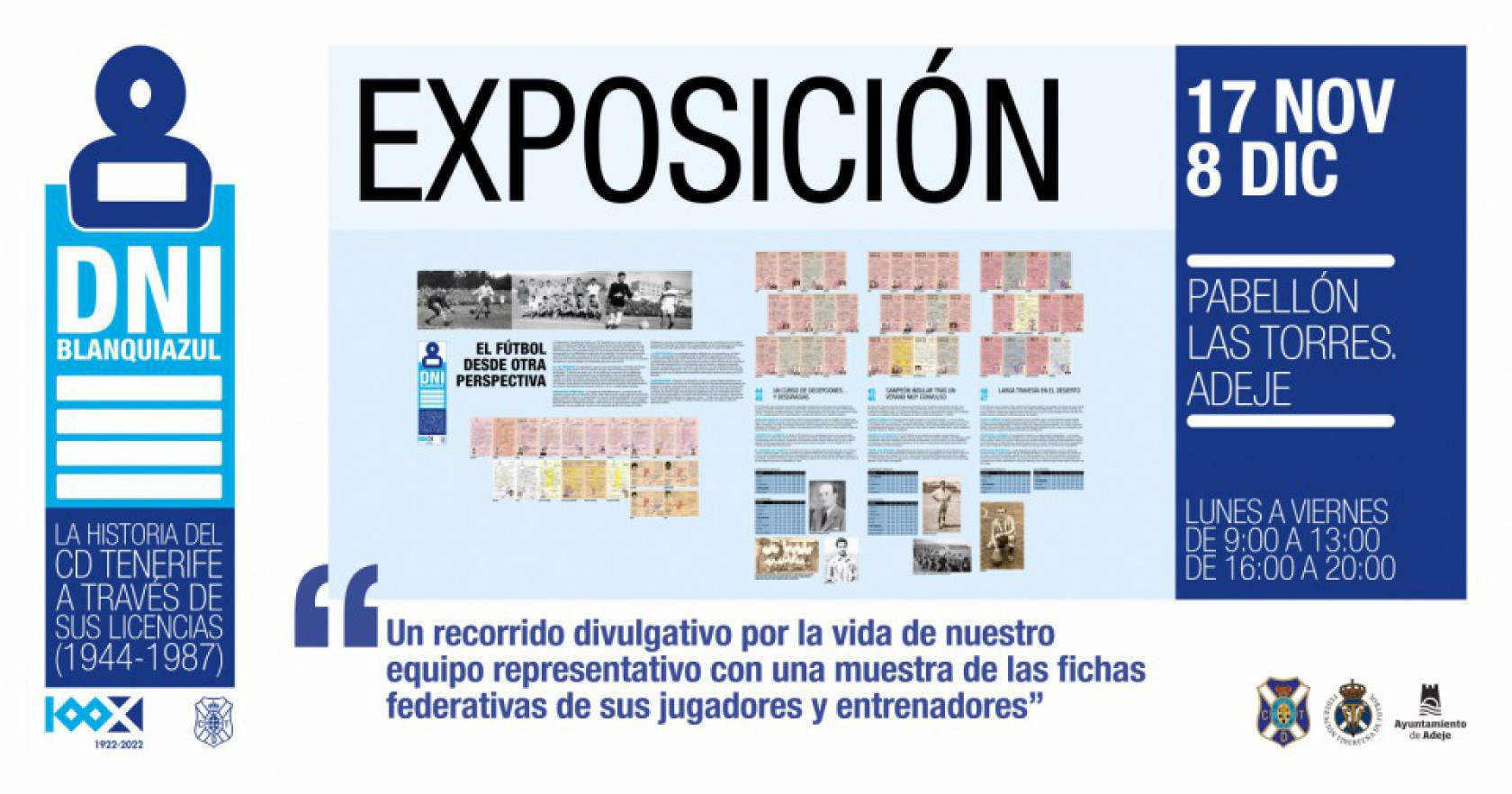 ADEJE ACOGE DESDE ESTE MIÉRCOLES "DNI BLANQUIAZUL. LA HISTORIA DEL CD TENERIFE A TRAVÉS DE SUS LICENCIAS (1944-1987)"
