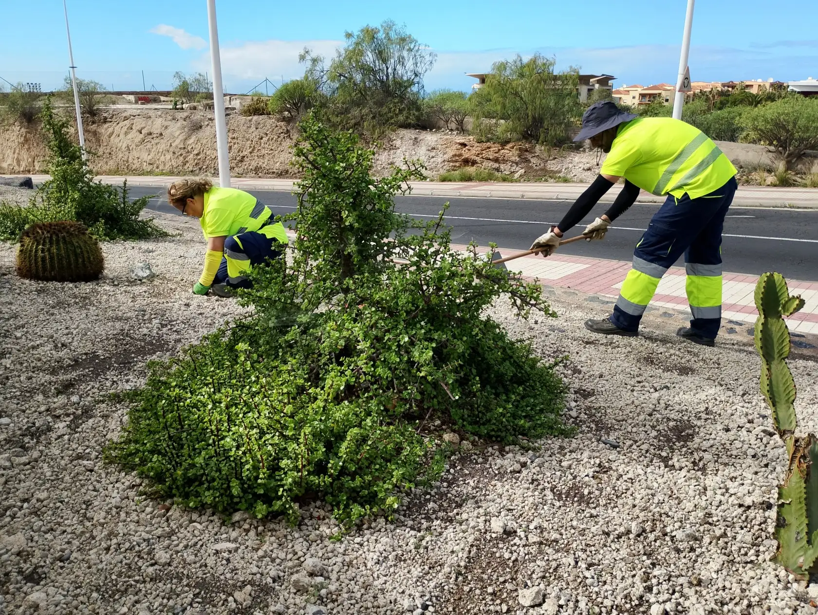 Personal trabajador de la EMSA realizando labores de jardiner&iacute;a. 