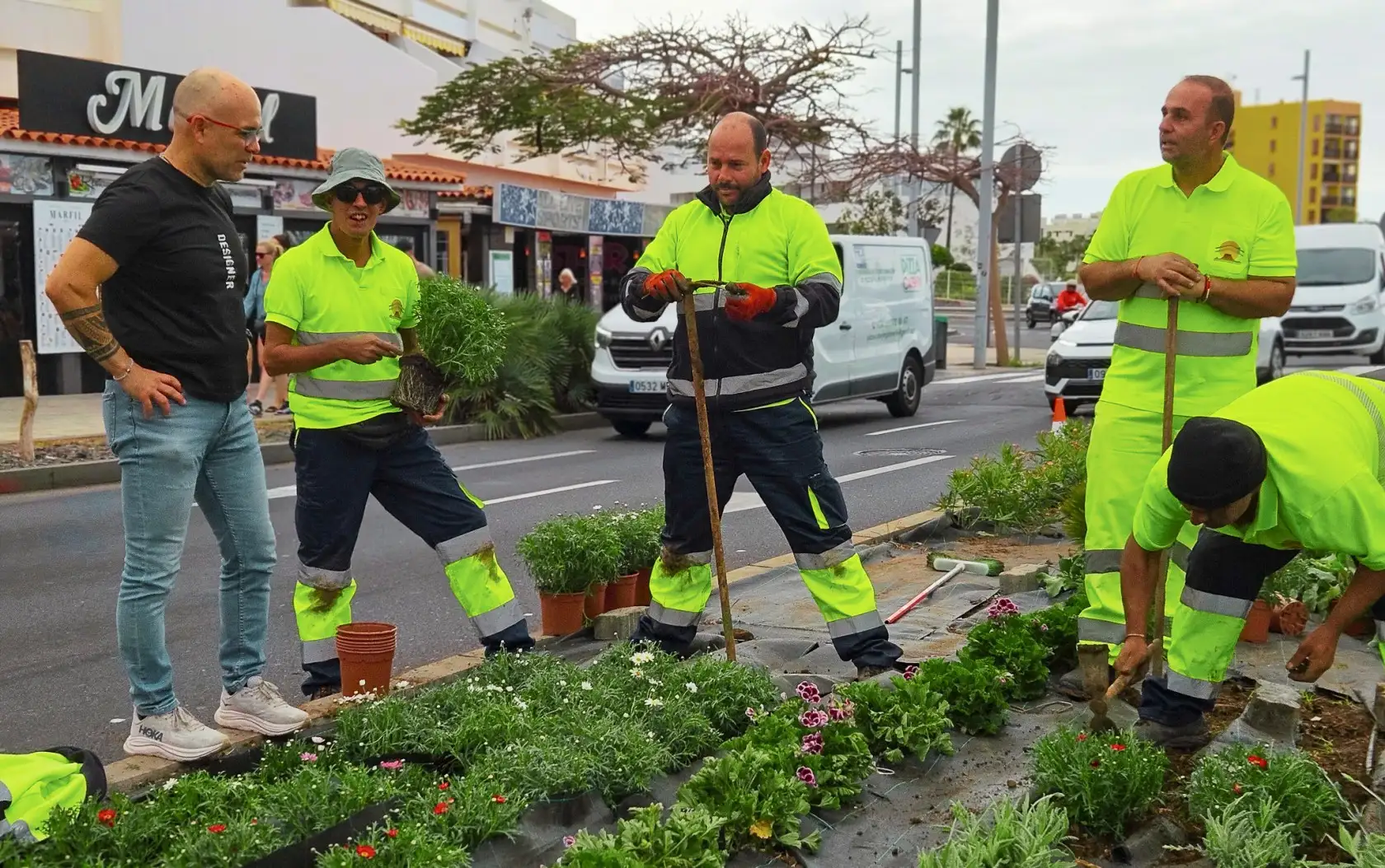 Adeje renueva la Avenida de los Pueblos con 3.000 plantas y 850 m&sup2; de flores.